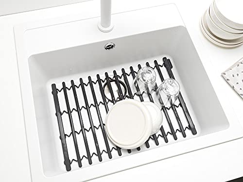 Dark gray Brabantia extendable silicone dish drying mat with drain tray, heat resistant and flexible for drying dishes.