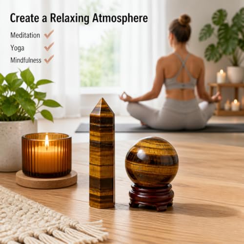Natural Tiger Eye Crystal Sphere and Column with Base - Spiritual Energy Gemstone Art Piece for Feng Shui Home Decoration（Tower:5.91" Tall, Sphere:1.97‑2.36" Diameter） Tiger's Eye