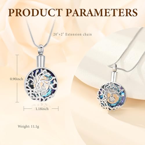 Tree of Life Circle Cremation Urn Necklace for Ashes Stainless Steel Memorial Ashes Keepsake Pendant with Cat Paw Detail for Women & Men Silver