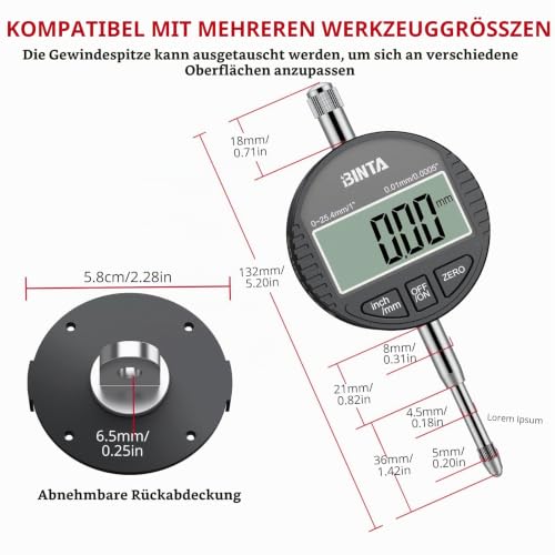 BINTA Digitale Messuhr 0.01/0.0005'' Digital Messuhr Messtaster 0-25.4mm/1'' Digital Dial indicator Messgerät, für Labor, 3D Drucker, Werkstatt | Digital Messuhr Messtaster 0-25.4mm/1'' Digital Dial indicator Messgerät, für Labor, 3D Drucker, Werkstatt