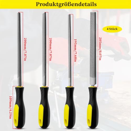 Set of 4 Files, 8 Inches, 200 mm Metal File Set, Includes Flat File, Round File, Half Round File, Triangular File, Mobile Phone Tools for Fine Finishing, for Workshop and DIY
