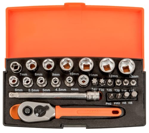 Bahco SL25 25-piece 1/4-inch drive metric socket and bit set, 4–13mm sockets with ratchet wrench