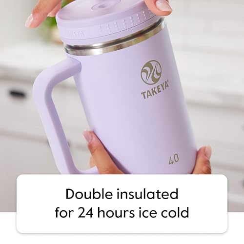 Takeya Stainless Steel Tumbler with Handle and Straw (40 oz, Blush) - Insulated Water Bottle with Straw for Water & Iced Beverages 40 Ounces