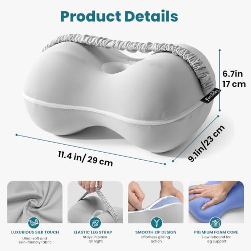 Leg & Knee Pillow for Side Sleepers - Smooth Spine Alignment Pillow - Memory Foam Knee Pillows for Back Hip Pain, Spine Aligning, Sciatica, Surgery Recovery, Pregnancy Light Grey-regular