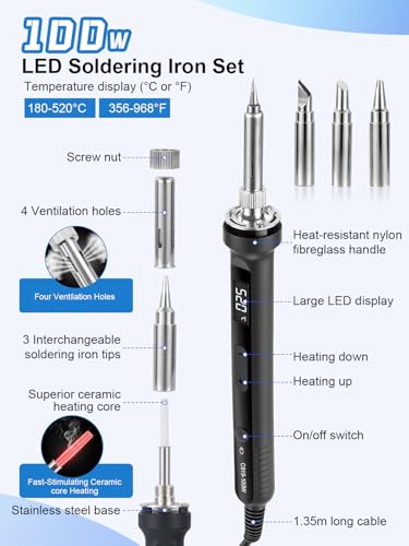 100W Digital Soldering Iron Set with LCD Display 180-520°C, 18-in-1 Professional Soldering Set Including Smart Multimeter, Desoldering Pump, 3 Soldering Tips, PU Bag & Accessories for