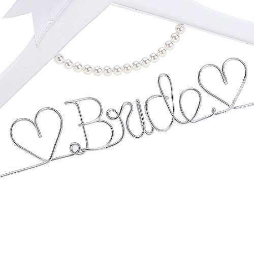 White Solid Wood Bridal Dress Hanger with Bridal Wire Lettering for Bridal Wedding Party Gift (White Hanger Silver Thread and Pearl Chain) White,silver