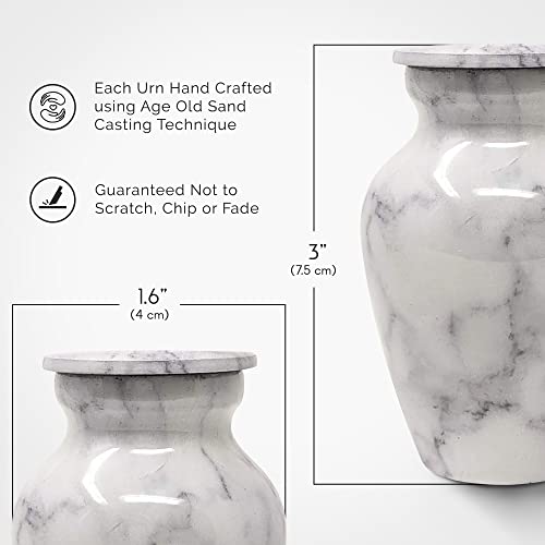 Set of 4 Elegant Marble Style Keepsake Urns – Metal Little Mini Urn for Human Ashes – Secure Screw Top – Small Personal Size – Carrara White Finish 4 Carrara White