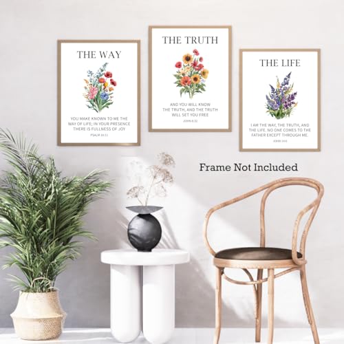 3Pcs Bible Verse Floral Poster,The Way The Truth The Life Scripture Posters Prints Wall Art for Home 11x14 Inch Unframed Bible Floral