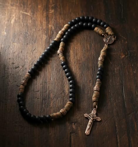 Nazareth Store Paracord Rosary Necklace 8mm Black Beads Antique Bronze Strong Rugged Corded Catholic Rosary with St.Michael Medal & Cross Crucifix Brown Paracord Copper St.Benedict