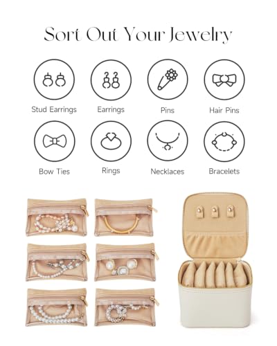 CASEGRACE Travel Jewelry Case, Jewelry Organizer with 6 Velvet Pouch Bags, Travel Jewelry Storage for Necklaces Rings Earrings, Gift for Women Girls, Beige White