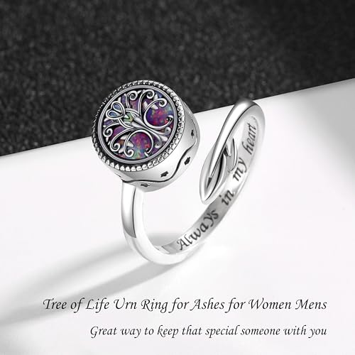 Tree of Life Urn Ring for Ashes 925 Sterling Silver Adjustable Family Tree with Opal Memorial Keepsake Jewelry Always in My Heart Cremation Ring for Women purple
