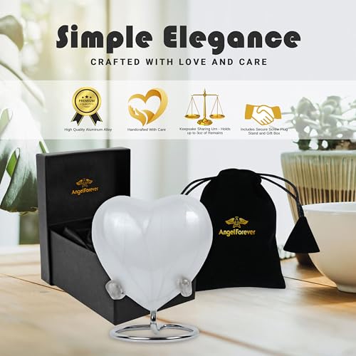 Heart Keepsake Urn for Human Ashes – Handcrafted White Aluminum Mini Heart Urn with Silver Stand, Velvet Bag & Gift Box – Small Infant or Pet Cremation Urn, 3 Cu Inches Capacity – Memorial Keepsake Heart Keepsake Urn