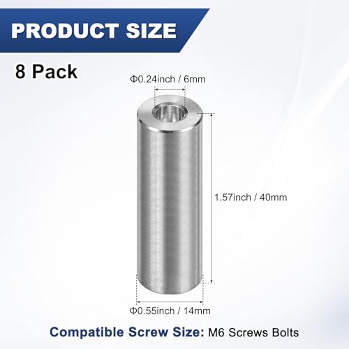 M METERXITY M6 304 stainless steel spacers, 6mm ID x 14mm OD x 40mm length, silver round screw standoffs