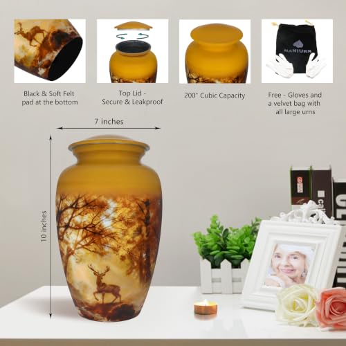 NANIURN Large Urn for Human Ashes, Yellow Forest Deer Funeral Cremation Urn