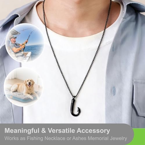 Urn Necklace for Men Stainless Steel Fishing Hook Pendant Charm that Holds Human Ashes Mens Cremation Jewelry Ash Holder Memorial Fish Pendants and Urns for Ash Tribute