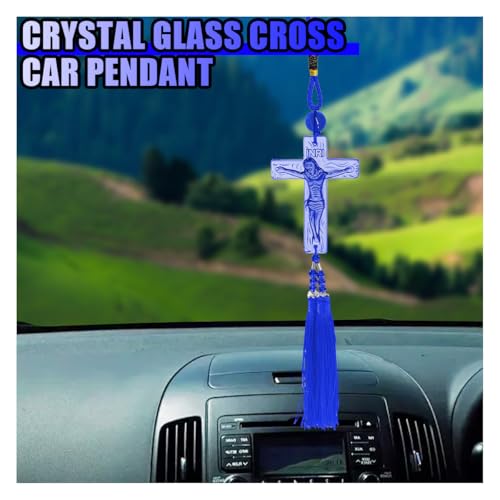 Jesus Crucifix Cross Car Rear View Mirror Charm, Religious INRI Cross Pendant Car Rearview Mirror Hanging Decoration, Auto Interior Ornament with Tassel for Men Women (Blue) Blue