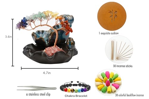 Dreamgirnh Chakras Backflow Incense Burner, Crystal Tree Incense Waterfall Fountain, Cone Incense Holde, Living Room Shelf Aesthetic Decor 7 Chakras