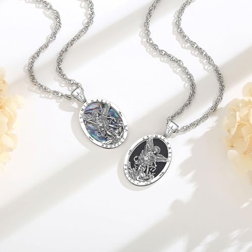 EUDORA St Saint Michael Necklace Medal for Women Men Silver-Plated Copper with Obsidian, Archangel St Michael Pendant for Protection Medalla de San Miguel Arcangel Jewelry Gifts for Mens Women, 22"