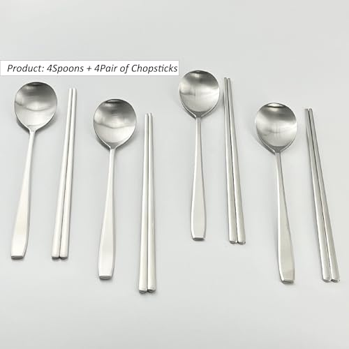 Korean Made Stainless Steel Silver Utensil Flatware Cutlery Korean Chopsticks and Spoons 4SET Gift for Mom, Stocking Stuffer