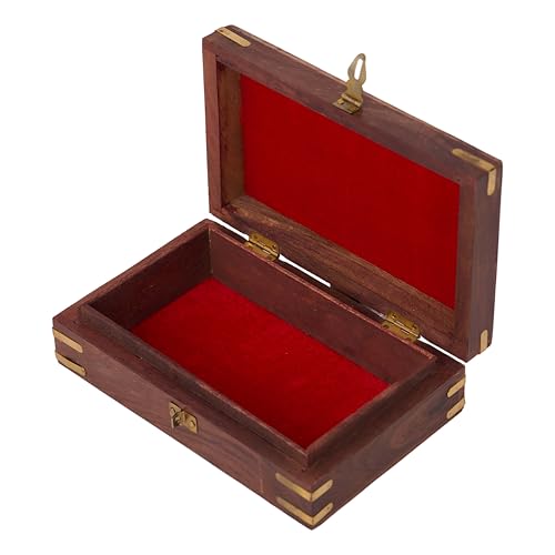 GURU JEE™ Indian Jewelry Holder Floral Carving Wooden Jewellery Box With Brass Inlay Wooden Trinket Box Wood Jewelry Organizer Keepsake Box Treasure Chest Trinket Holder Watch Box Storage Box 8x5x2.3 inch_Taj
