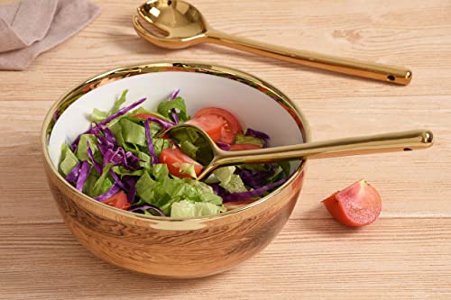 Pampa Bay Wood Look Titanium-Plated Porcelain Salad Server Set, 10.5 Inch, Gold/White/Wood Look