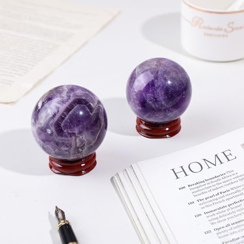 TUMBEELLUWA 1.96-2.17 Inch Amethyst Crystal Ball with Wooden Stand Purple