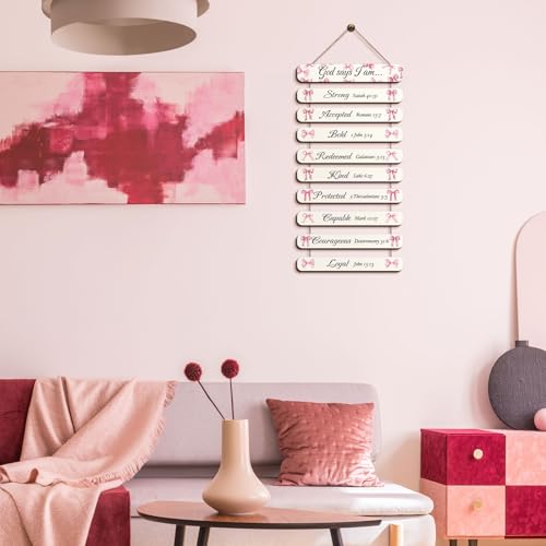 Yuntau God Says I Am Bow Wall Decor Coquette Christian Pink Bible Verses Wood Hanging Sign Pink Bow Wall Art Room Decor Inspirational Christian Gifts for Women Room Bathroom Bedroom Home Kitchen