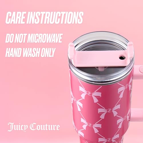 Juicy Couture Jetsetter 40oz Tumbler with Handle and Straw Topper, Pink Bows Pink Bow Trellis 40 Ounces
