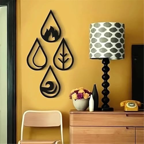 Four Elements Minimalist Wood Wall Art, 4 Pcs Nature Elements Symbol Wall Art, Wind, Water, Earth, Fire Vector Sign, Wooden Geometric Wall Decor for Living Room Bedroom Office, 11.8" x 7.09"
