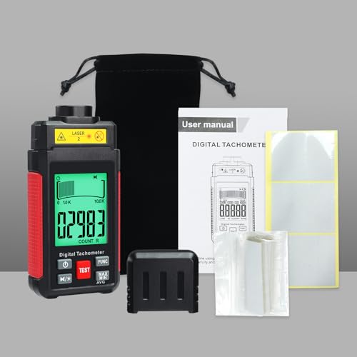 Non-Contact Tachometer with Reflective Tape, High Precision Digital Laser Speedometer (10-99,999 rpm) with Large LCD Display, Backlight and Max/Min/AVG Function and Data Hold