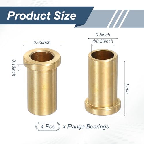 sourcing map 4PCS Flange Sleeve Bearings, 3/8" Bore x 1/2" OD x 1" Length, Self-Lubricating Brass Flange Bushings Sleeve, 9.5mm Bore x 12.7mm OD x 25.4mm Length 4
