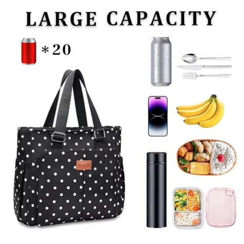 HSHRICH Insulated Lunch Bag Women - Large Tote Lunch Box For Work X-Large 17-White Dots