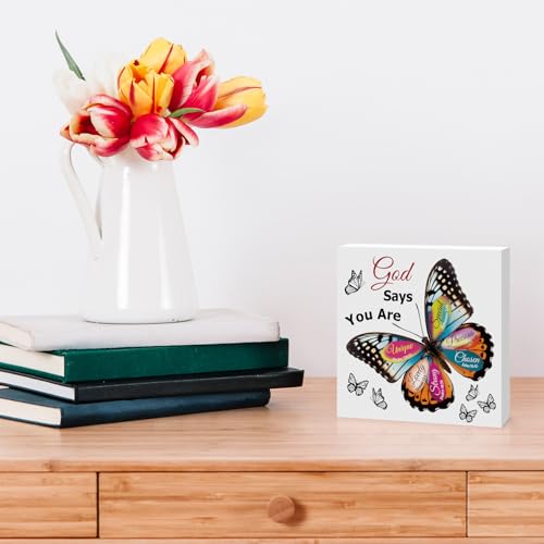 Christian Gifts for Women Birthday Christmas Butterfly Inspirational Gifts for Friends Family Coworker Religious Spiritual Gifts for Her Christian Wooden Sign for Home Office Shelf Desk Decor