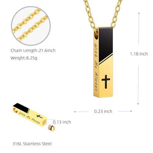 Cremation Jewelry Bar Urn Necklace for Ashes Cross Pattern Cube Ash Pendant with Mini Keepsake Urn Memorial Ashes Jewelry for Women Men - With Me Always Gold-With Me Always