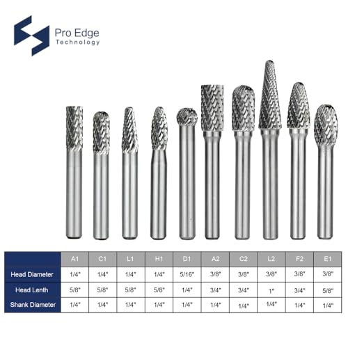 Pro Edge Technology 10-piece carbide burr set with 1/4-inch shanks and double-cut die grinder bits
