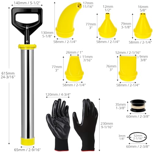 QWORK Stainless Steel Mortar Syringe with 5 Nozzles, Replacement Sealing Head and Gloves - Ergonomic and Durable for Precise Grouting