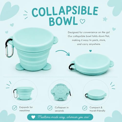 Collapsible Feeding Set - Travel Supplies: Silicone Suction Bowl, Plate, Bib, Spoons for Baby & Toddler Gift Tiffany Blue