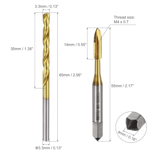 QUARKZMAN Metric Tap and Drill Bit Set, 2 Pieces M4 x 0.7 Spiral Taps and 2 Pieces 3.3mm Twist Drills Titanium Coated HSS6542 Thread Cutting Tools | Titanium coated HSS6542 thread cutting tools