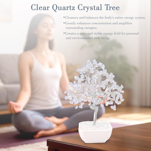 Clear Quartz Crystal Tree of Life – 7 Inch Master Healer for Energy Amplifying, Feng Shui Desk Decor with 243 Natural Gemstones – Handcrafted Silver Wire Gift Box for Meditation Spiritual Home Office Transparent