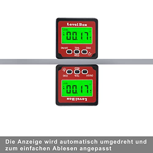 Digital LCD Protractor with Magnetic Base, IP54 Waterproof Inclinometer Bevel Box, Level Box Angle Measuring Device Inclinometer (Battery Included) Red