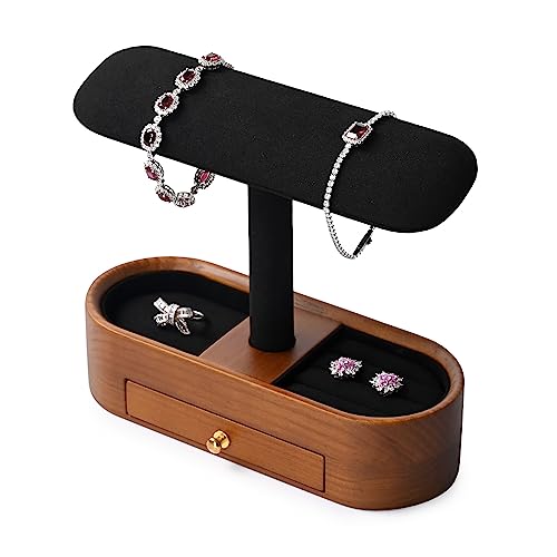 Oirlv Solid Wood Watch Stand with Drawer T-bar Watch Holder Organizer for Men and Women Showcase Bracelet Bangle Jewelry Display Stand Rings Earrings Necklace Storage(Drawer,Black) Black Option 2 - With Drawer