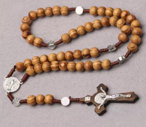 Rosary Beads with Jesus Christ on Cross St Saint Brigid Pendant Necklace Wooden Style Beads v3