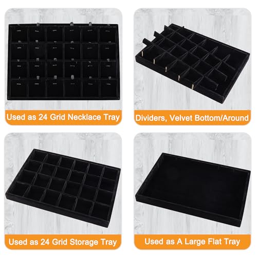 24 Grid Jewelry Tray Velvet Jewelry Display Tray with Removable Dividers Black