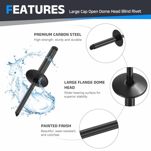 BOLTALIVON 3/16 x 1 inch black carbon steel large flange blind rivets, 50-piece pack