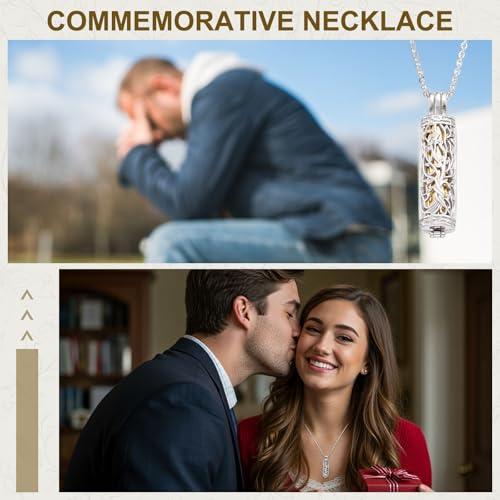 HARFINGTON Tree of Life Cremation Necklace, Stainless Steel Hollow Cylinder Pendant Memorial Jewelry with Screw Cap Black 2