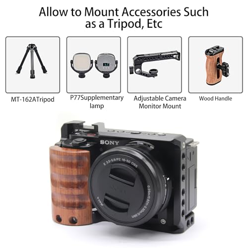 ZV-E10 Camera Cage with Wooden Handle -Clod Shoe and Locating Threaded Holes for Sony ZV-E10 Video Camera-A004