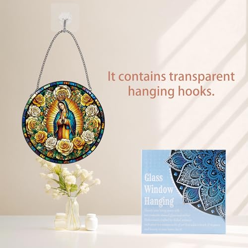 Virgen de Guadalupe Crowned Yellow White Roses Stained Glass Suncatcher Guadalupe Yellow White Roses