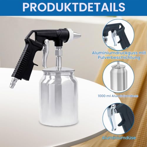 Compressed Air Sand Blasting Gun 6.2 Bar 1000 ml Aluminum Container - Sand Blaster Sand Blaster Sand Blaster for Rust Removal, Rim Cleaning & Metal Surfaces Cleaning