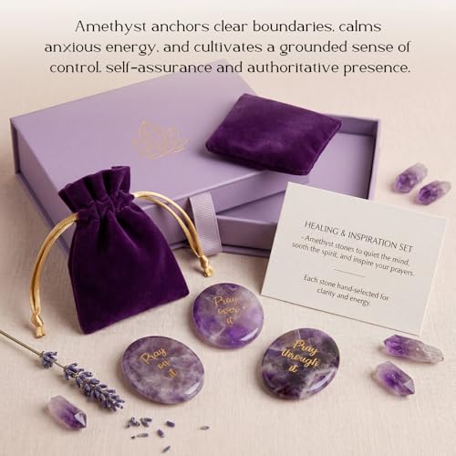 Domensi 3 Pcs Prayer Amethyst Crystals Thumb Worry Stones Anxiety Relief Items Inspirational Healing Crystals for Women Men Meditation Reiki Spiritual Gifts