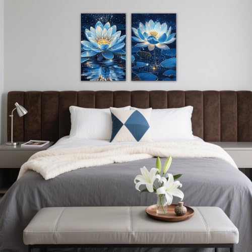 KPLUNDO Blue Lotus Floral Wall Art 2 Panel Blooming Zen Flower Pictures Print Nature Inspired Decor for Living Room Bedroom Yoga Room(Artwork-5,16"x24"x2pcs) Artwork-5 16"x24"x2pcs